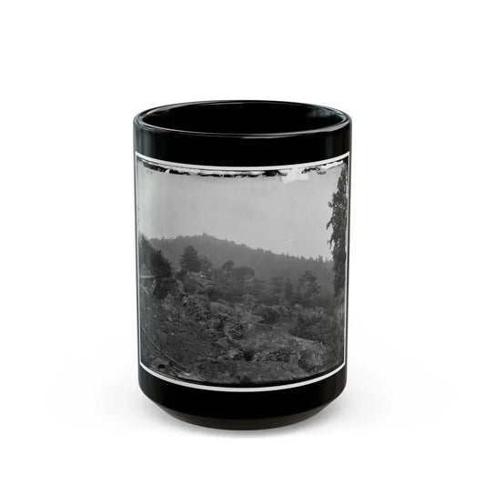 Gettysburg, Pa. Breastworks On Little Round Top; Round Top In Distance (U.S. Civil War) Black Coffee Mug 15oz - Go Mug Yourself