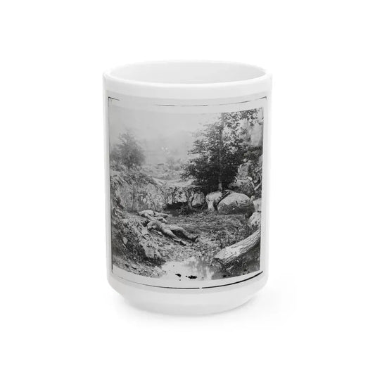 Gettysburg, Pa. Dead Confederate Soldiers In The  Slaughter Pen  At The Foot Of Little Round Top (U.S. Civil War) White Coffee Mug 15oz - Go Mug Yourself