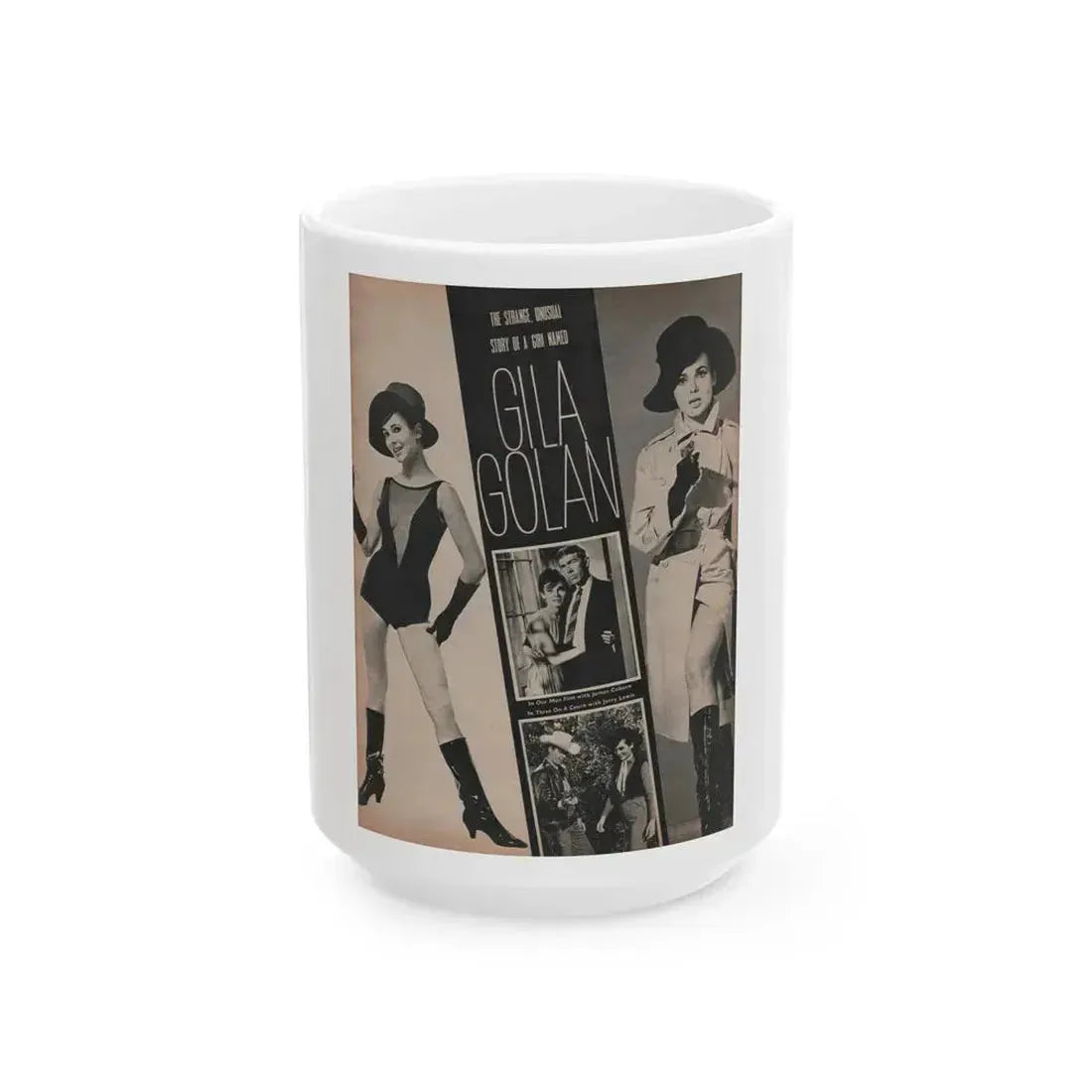 Gila Golan #152 - Photoplay Mag. July 1966 - 4 B&W Photos & Article about Gila (Vintage Female Icon) White Coffee Mug 15oz - Go Mug Yourself