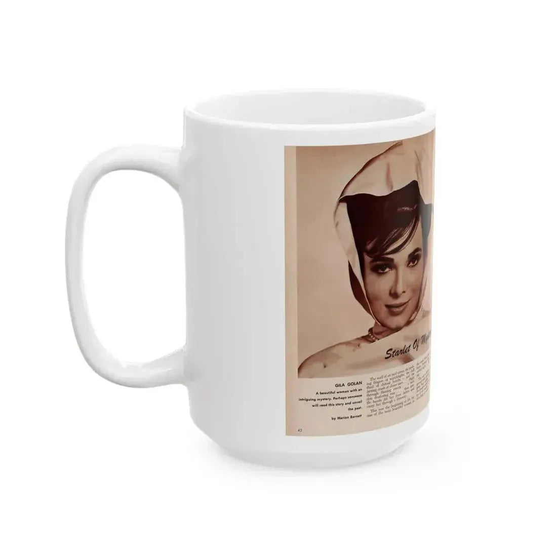 Gila Golan #170 - 1 B&W Glamour Headshot & Article on Gila from Millionaire Mag. March '66 (Vintage Female Icon) White Coffee Mug - Go Mug Yourself