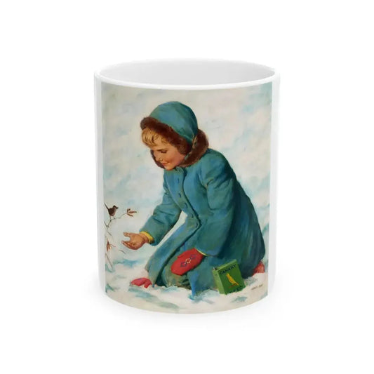 Girl Feeding a Canary, The American Weekly magazine cover, February 21, 1954 - White Coffee Mug 11oz - Go Mug Yourself