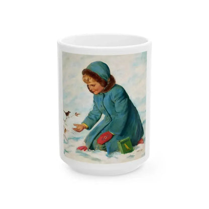 Girl Feeding a Canary, The American Weekly magazine cover, February 21, 1954 - White Coffee Mug 15oz - Go Mug Yourself