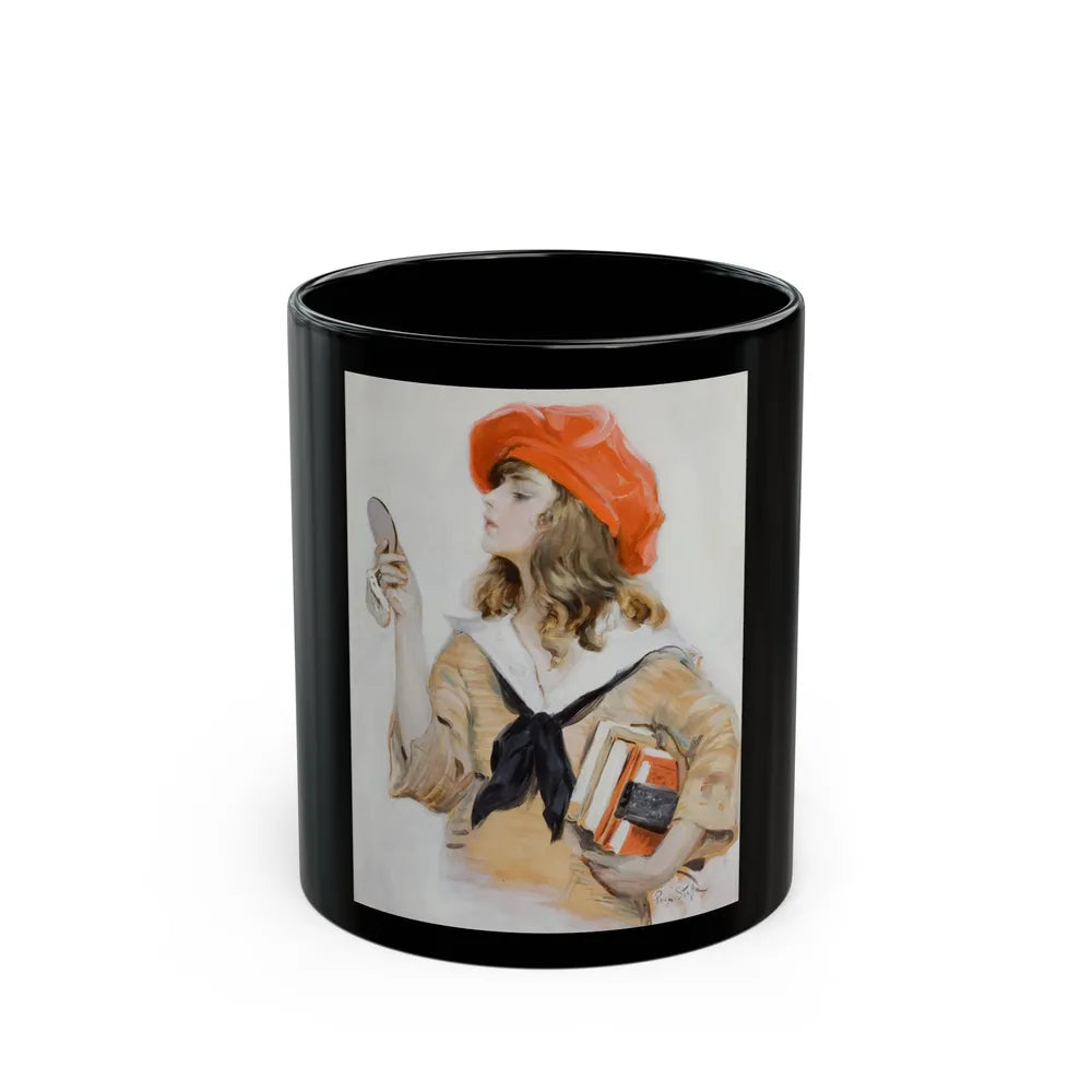 Girl in Red Beret Looking into Compact Mirror, Saturday Evening Post cover, September 10, 1921 - Black Coffee Mug-11oz-Go Mug Yourself