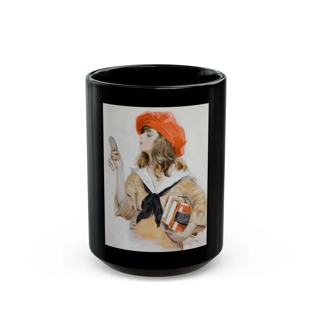 Girl in Red Beret Looking into Compact Mirror, Saturday Evening Post cover, September 10, 1921 - Black Coffee Mug-15oz-Go Mug Yourself