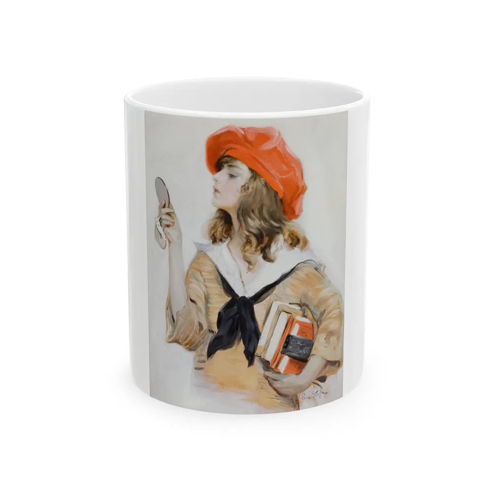 Girl in Red Beret Looking into Compact Mirror, Saturday Evening Post cover, September 10, 1921 - White Coffee Mug-11oz-Go Mug Yourself