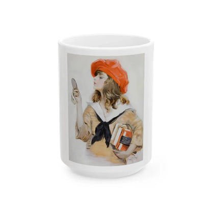 Girl in Red Beret Looking into Compact Mirror, Saturday Evening Post cover, September 10, 1921 - White Coffee Mug 15oz - Go Mug Yourself