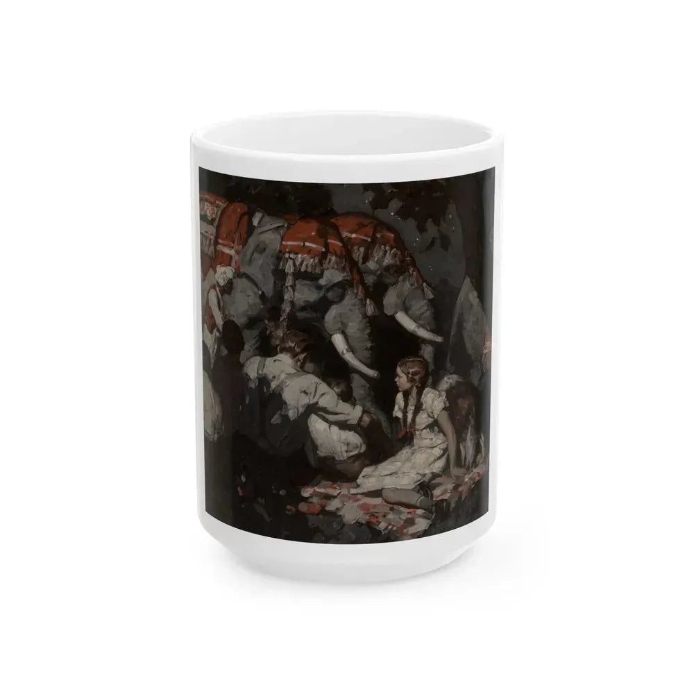 Girl with Seated Elephants - White Coffee Mug 15oz - Go Mug Yourself