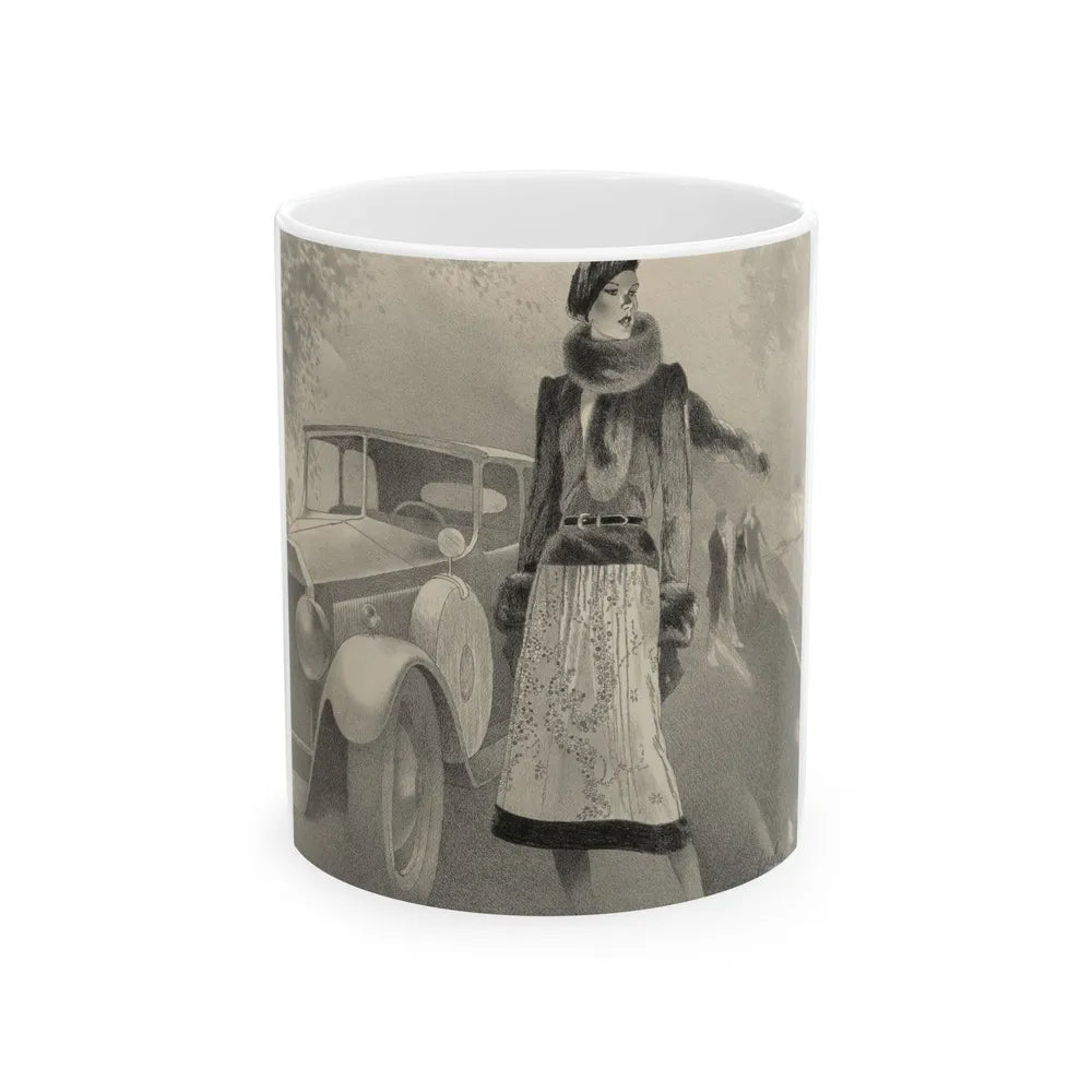 Girl with Vintage Car advertisement - White Coffee Mug-11oz-Go Mug Yourself