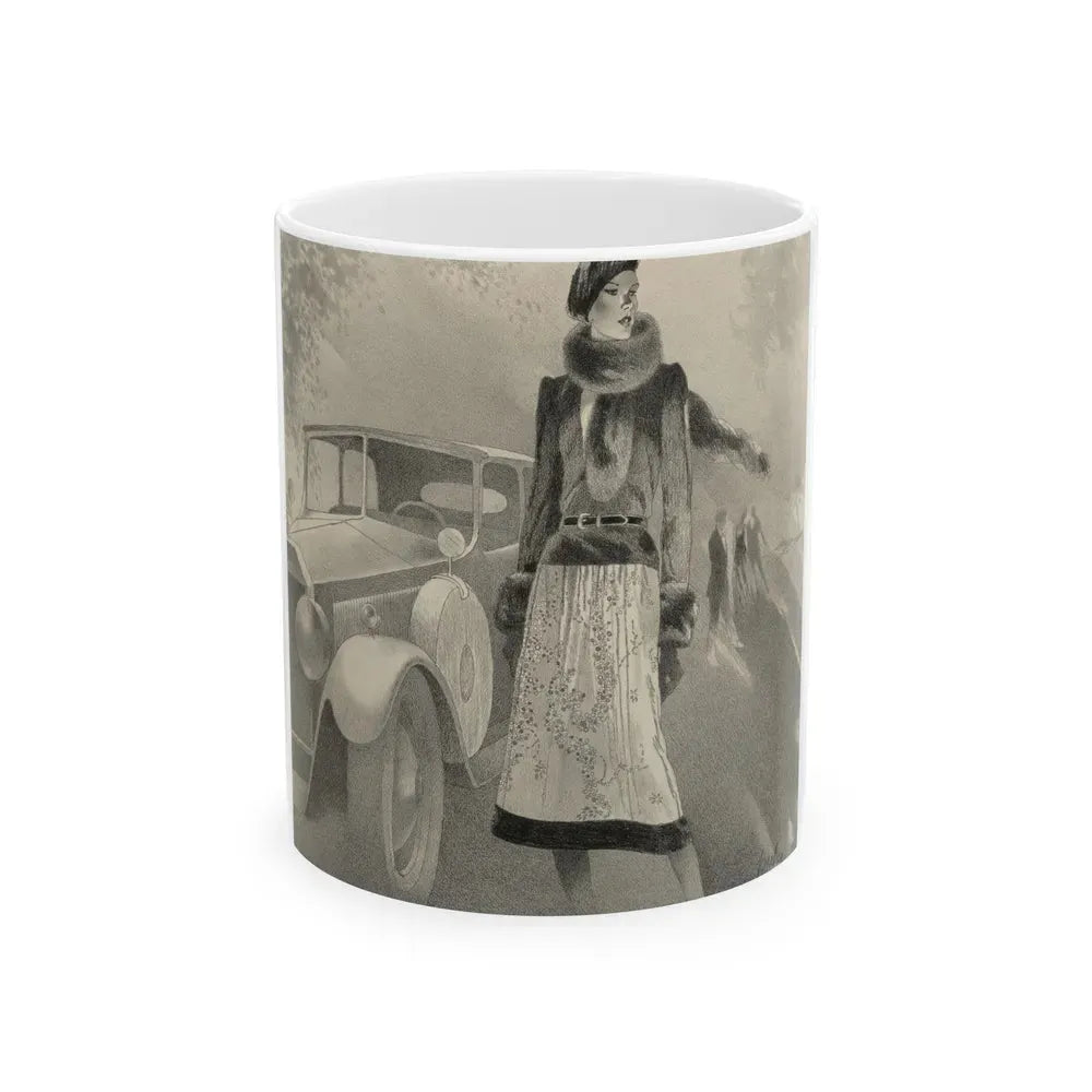 Girl with Vintage Car advertisement - White Coffee Mug 11oz - Go Mug Yourself