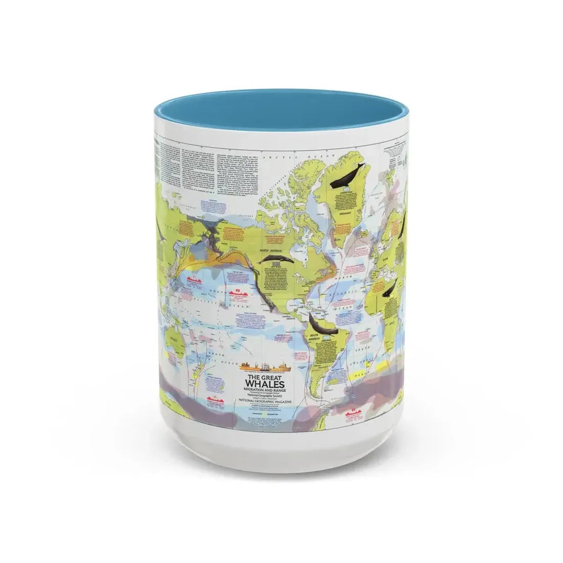 Great Whales, Migration and Range (1976) (Map) Accent Coffee Mug 15oz Light Blue - Go Mug Yourself