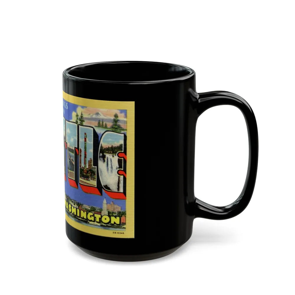 Greetings from Seattle Washington (Greeting Postcards) Black Coffee Mug-Go Mug Yourself