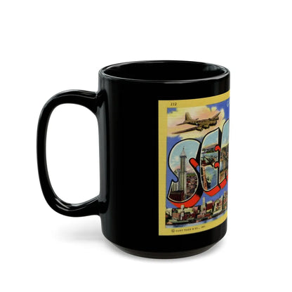 Greetings from Seattle Washington (Greeting Postcards) Black Coffee Mug-Go Mug Yourself