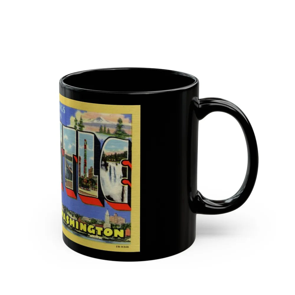 Greetings from Seattle Washington (Greeting Postcards) Black Coffee Mug-Go Mug Yourself