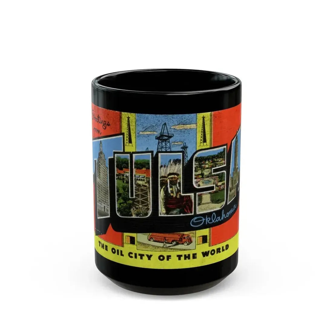 Greetings from Tulsa Oklahoma (Greeting Postcards) Black Coffee Mug - Go Mug Yourself