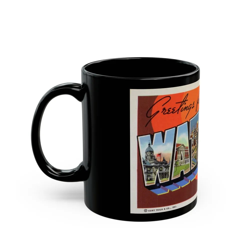 Greetings from Waterloo Iowa (Greeting Postcards) Black Coffee Mug-Go Mug Yourself