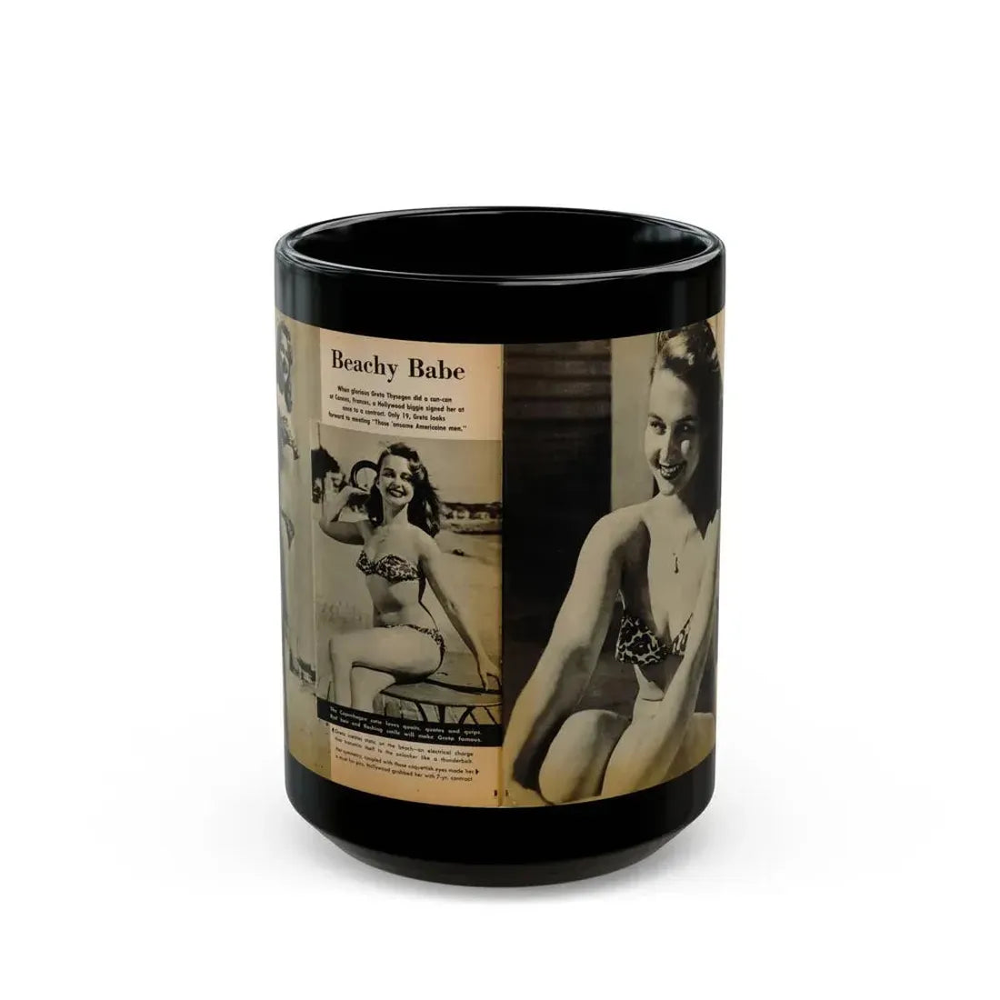 Greta Thyssen #119 - Gala Mag. January '53 - 2 B&W Photos & Captions 1 (Vintage Female Icon) Black Coffee Mug 15oz - Go Mug Yourself
