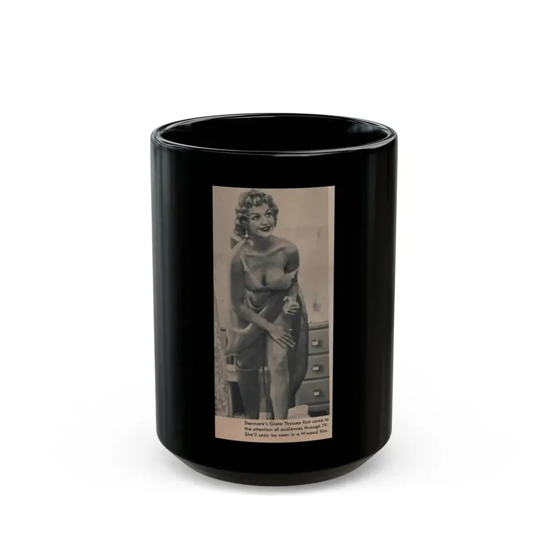 Greta Thyssen #121 - Scamp Mag. Sept. '58 - 1 Small B&W Photo (Vintage Female Icon) Black Coffee Mug 15oz - Go Mug Yourself