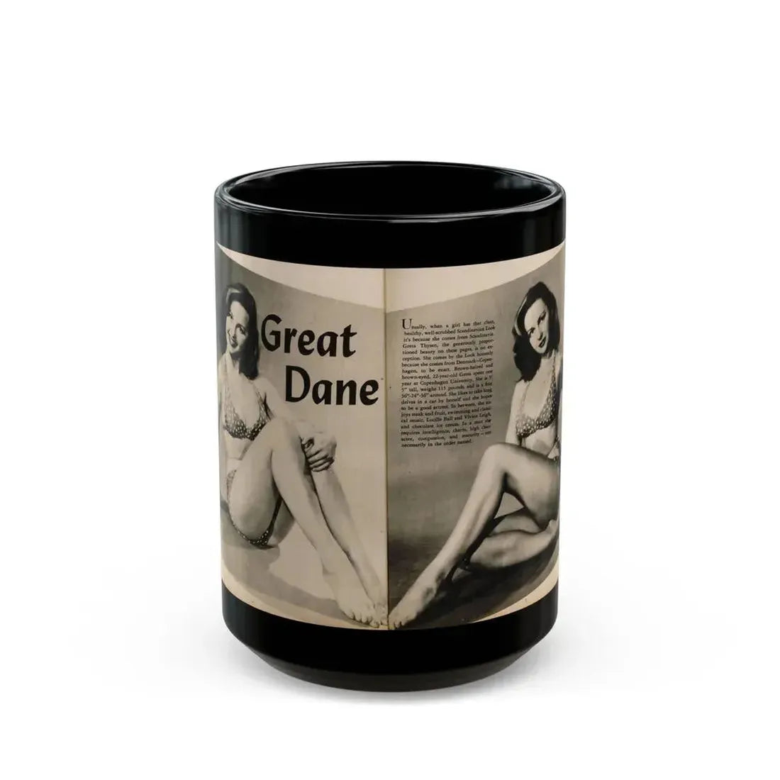 Greta Thyssen #123 - 2 Pages with, 2 B&W Photos & Paragraph from Cover Girls Models Mag. June '54 (Vintage Female Icon) Black Coffee Mug 15oz - Go Mug Yourself