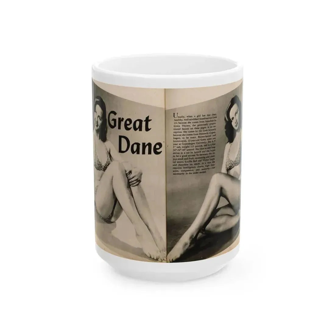 Greta Thyssen #123 - 2 Pages with, 2 B&W Photos & Paragraph from Cover Girls Models Mag. June '54 (Vintage Female Icon) White Coffee Mug 15oz - Go Mug Yourself