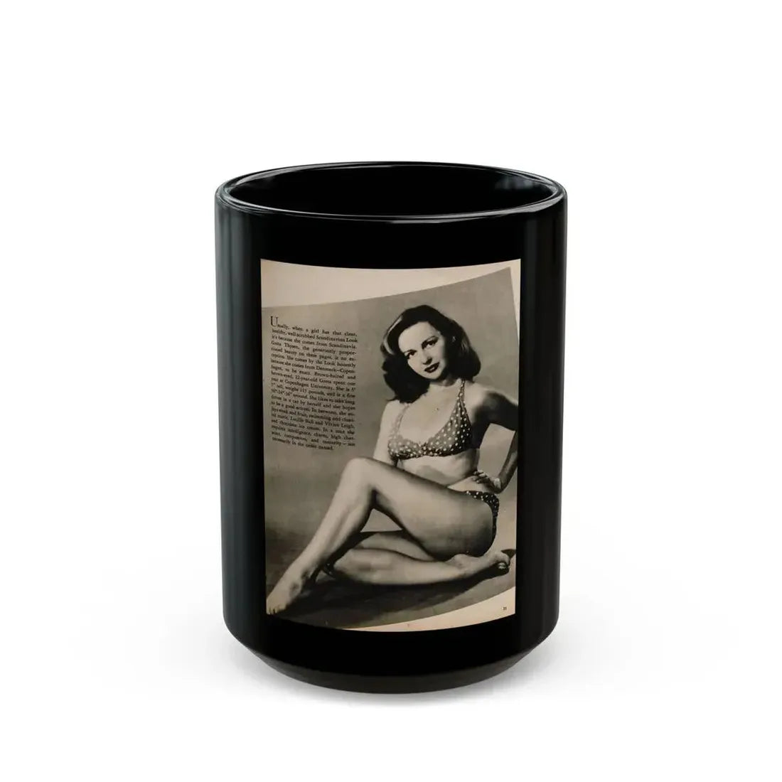 Greta Thyssen #125 - 1 Page 1 B&W Photo & Caption from Cover Girls Models Mag. June '54 (Vintage Female Icon) Black Coffee Mug 15oz - Go Mug Yourself