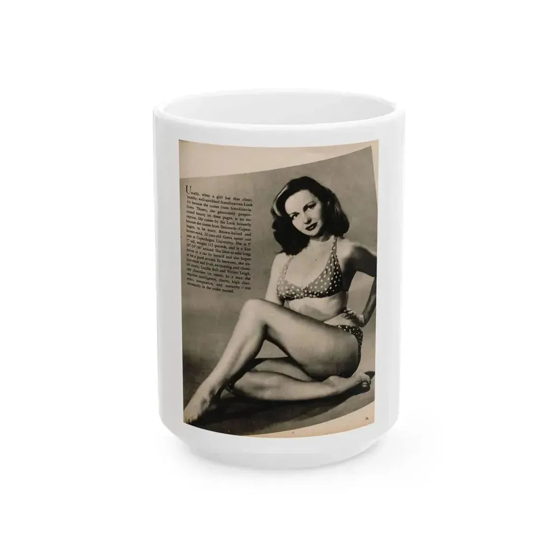 Greta Thyssen #125 - 1 Page 1 B&W Photo & Caption from Cover Girls Models Mag. June '54 (Vintage Female Icon) White Coffee Mug 15oz - Go Mug Yourself