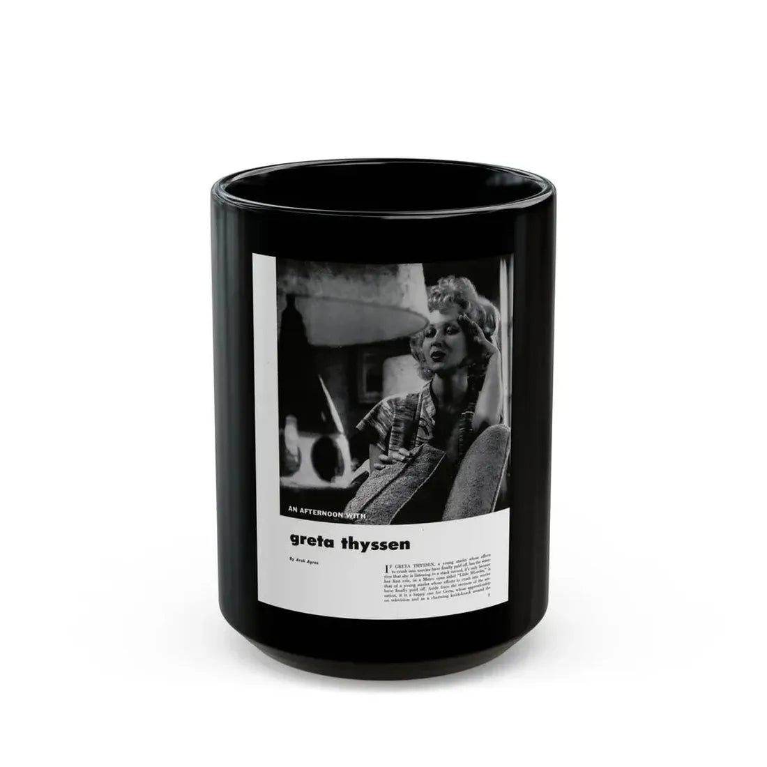 Greta Thyssen #126 - 1 Page with, 1 B&W Photo & Paragraph from Modern Man Mag. April '57 (Vintage Female Icon) Black Coffee Mug 15oz - Go Mug Yourself