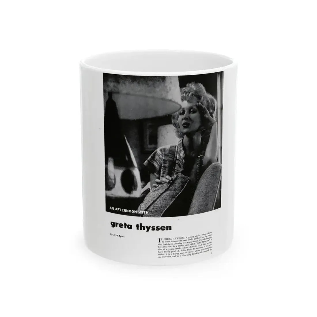 Greta Thyssen #126 - 1 Page with, 1 B&W Photo & Paragraph from Modern Man Mag. April '57 (Vintage Female Icon) White Coffee Mug 11oz - Go Mug Yourself