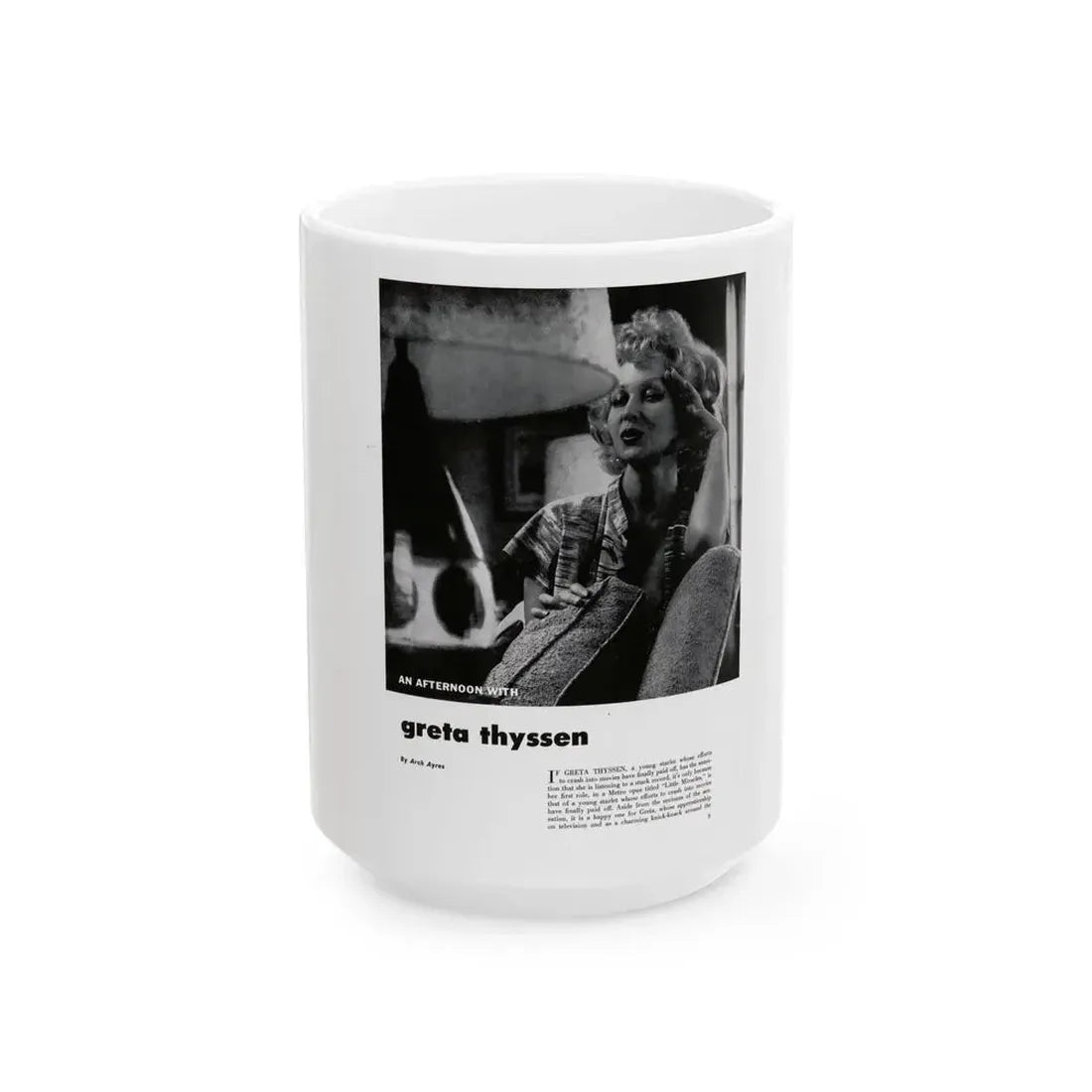 Greta Thyssen #126 - 1 Page with, 1 B&W Photo & Paragraph from Modern Man Mag. April '57 (Vintage Female Icon) White Coffee Mug 15oz - Go Mug Yourself