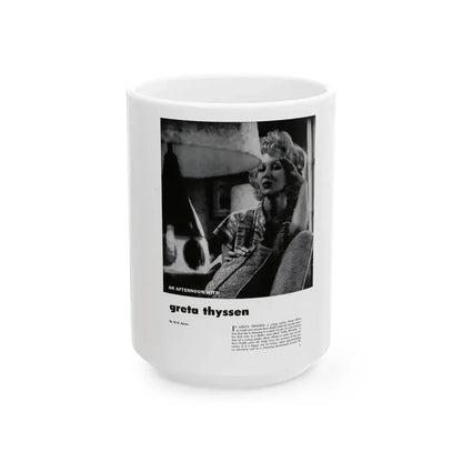 Greta Thyssen #126 - 1 Page with, 1 B&W Photo & Paragraph from Modern Man Mag. April '57 (Vintage Female Icon) White Coffee Mug 15oz - Go Mug Yourself