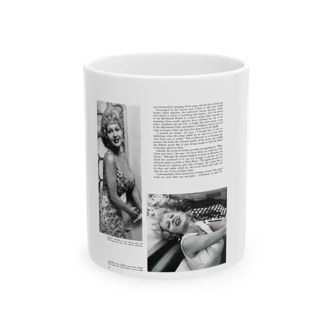 Greta Thyssen #129 - 1 Pages 2 B&W Photos from Modern Man Mag. April '57 (Vintage Female Icon) White Coffee Mug 11oz - Go Mug Yourself