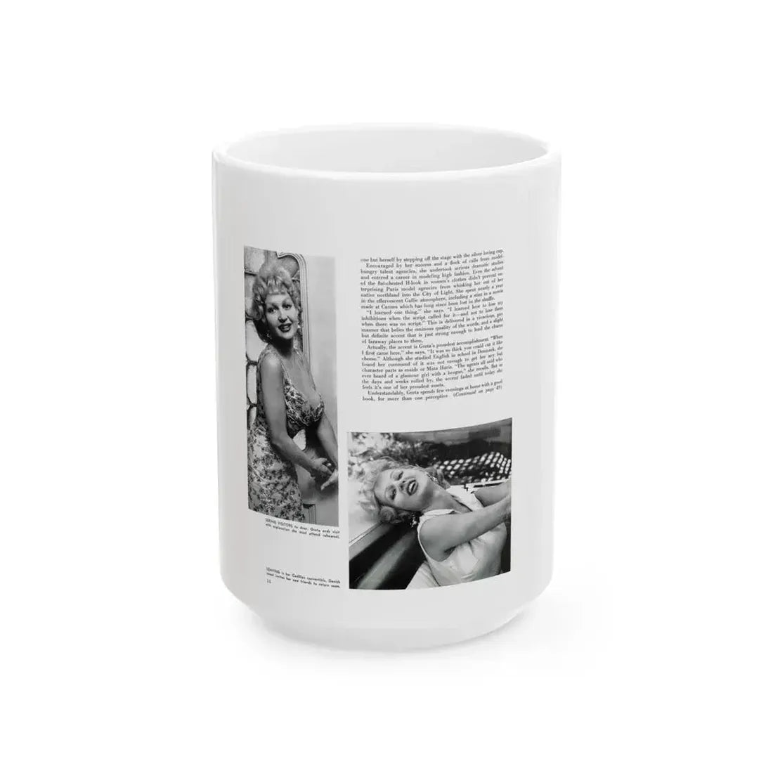 Greta Thyssen #129 - 1 Pages 2 B&W Photos from Modern Man Mag. April '57 (Vintage Female Icon) White Coffee Mug 15oz - Go Mug Yourself
