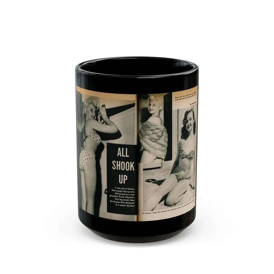 Greta Thyssen #137 - 2 Pages, 3 B&W Photos & Captions from VUE Digest Mag. Nov. '59 (Vintage Female Icon) Black Coffee Mug 15oz - Go Mug Yourself