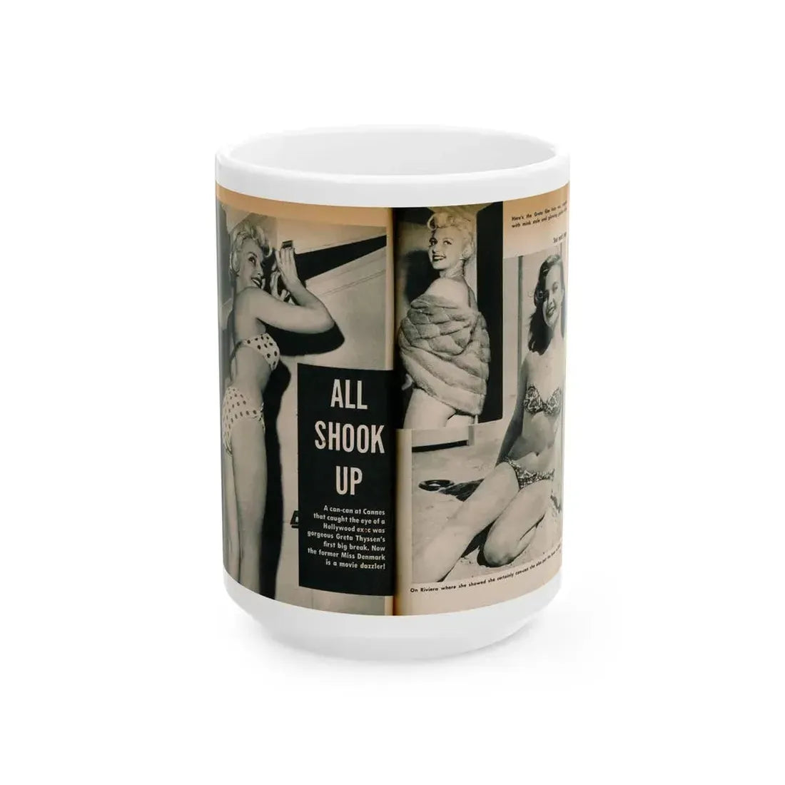 Greta Thyssen #137 - 2 Pages, 3 B&W Photos & Captions from VUE Digest Mag. Nov. '59 (Vintage Female Icon) White Coffee Mug 15oz - Go Mug Yourself