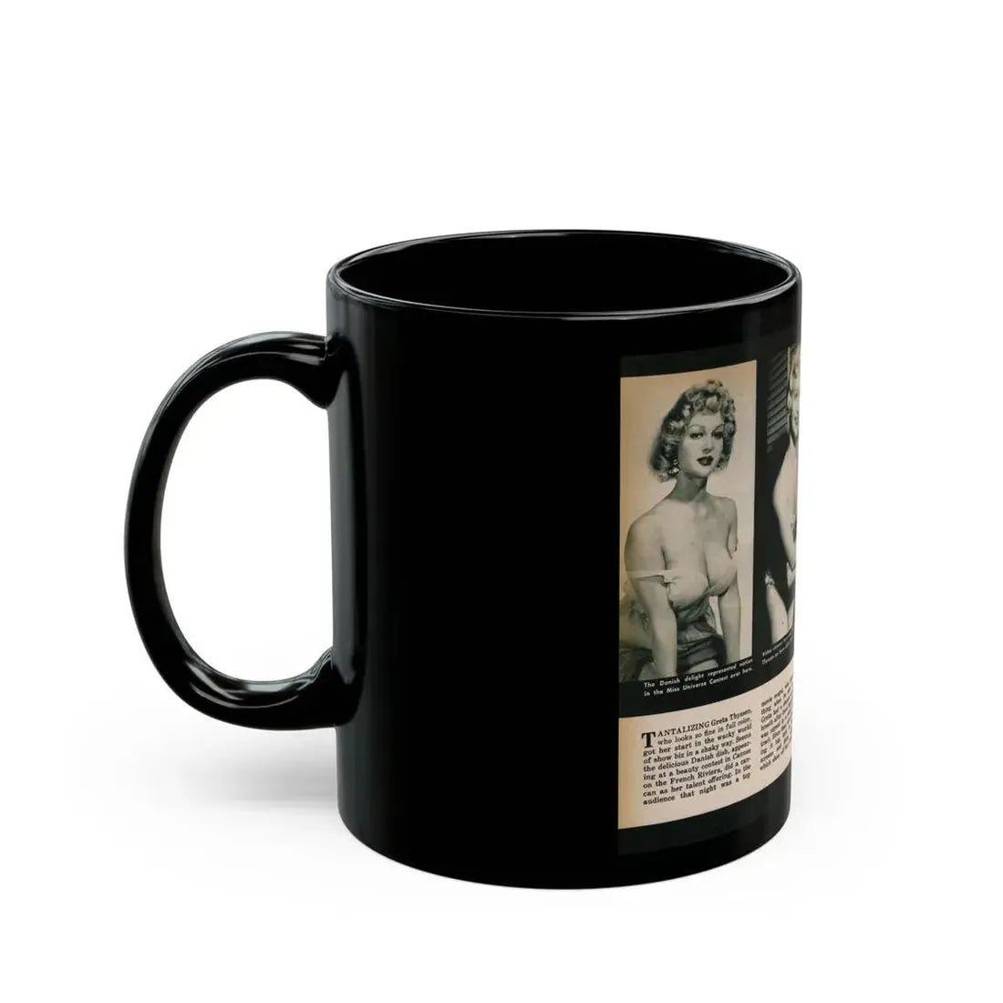 Greta Thyssen #138 - 2 Pages, 3 B&W Photos & Captions from VUE Digest Mag. Nov. '59 (Vintage Female Icon) Black Coffee Mug - Go Mug Yourself