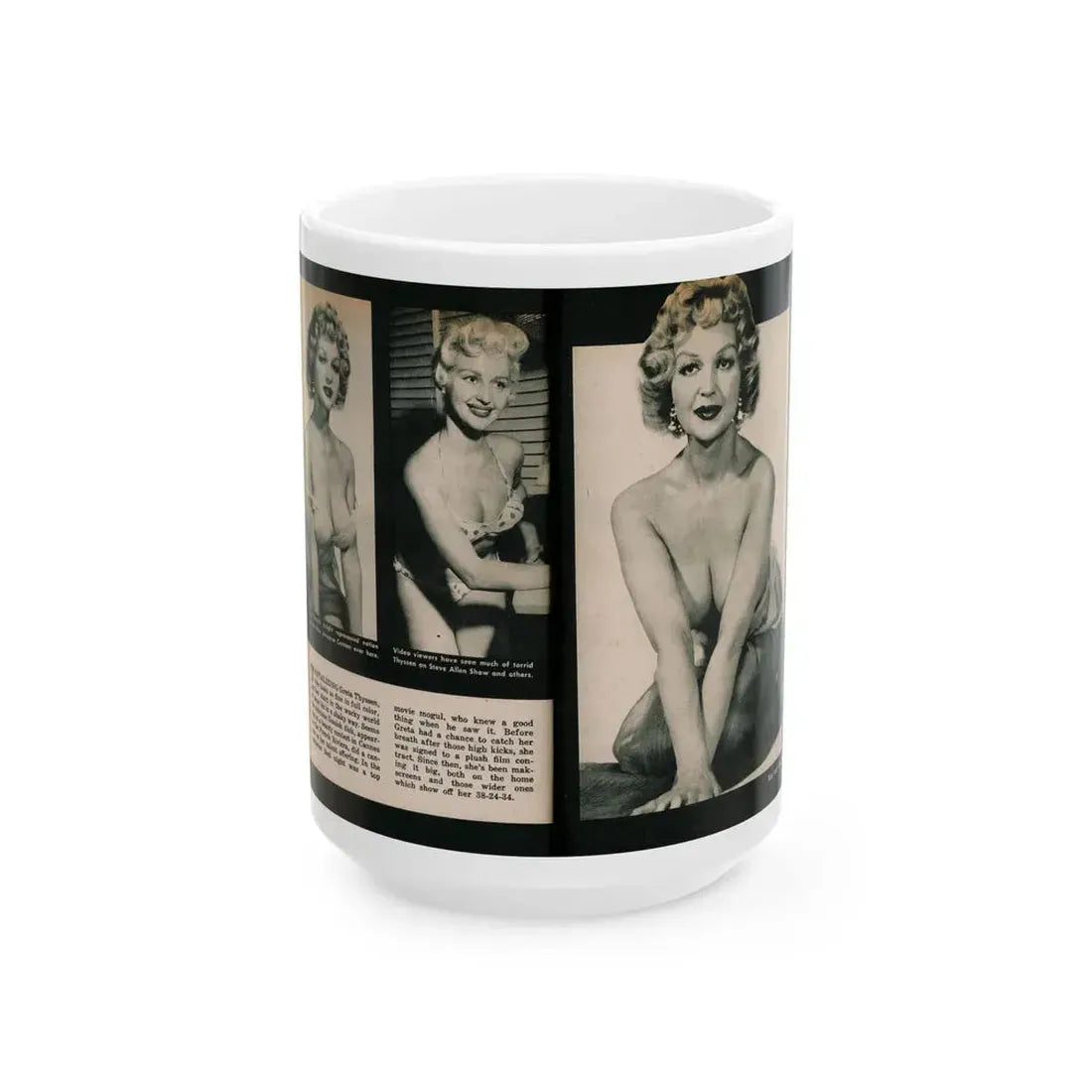 Greta Thyssen #138 - 2 Pages, 3 B&W Photos & Captions from VUE Digest Mag. Nov. '59 (Vintage Female Icon) White Coffee Mug 15oz - Go Mug Yourself