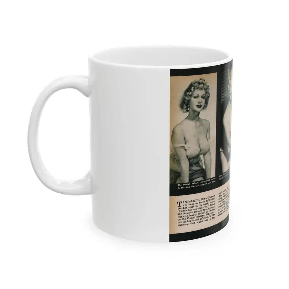 Greta Thyssen #138 - 2 Pages, 3 B&W Photos & Captions from VUE Digest Mag. Nov. '59 (Vintage Female Icon) White Coffee Mug - Go Mug Yourself