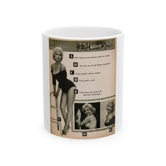 Greta Thyssen #142 - 1 Pages & 3 B&W Photos & Captions from Jem Mag. June '58 (Vintage Female Icon) White Coffee Mug 11oz - Go Mug Yourself
