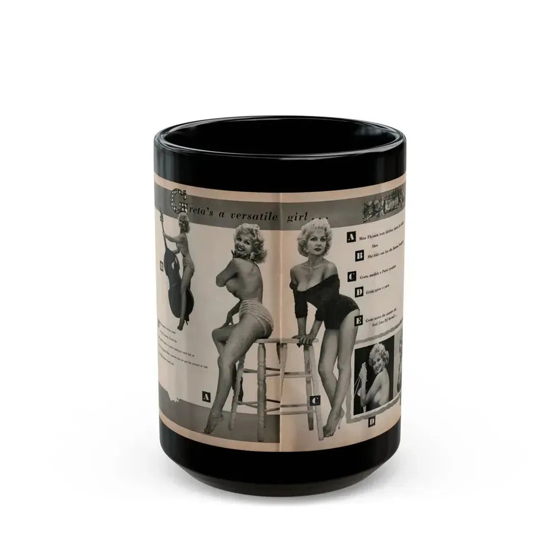 Greta Thyssen #142 - Pages 1 & 2 of 4 with 5 B&W Photos, Captions & Headlines from Jem Mag. June '58 (Vintage Female Icon) Black Coffee Mug 15oz - Go Mug Yourself