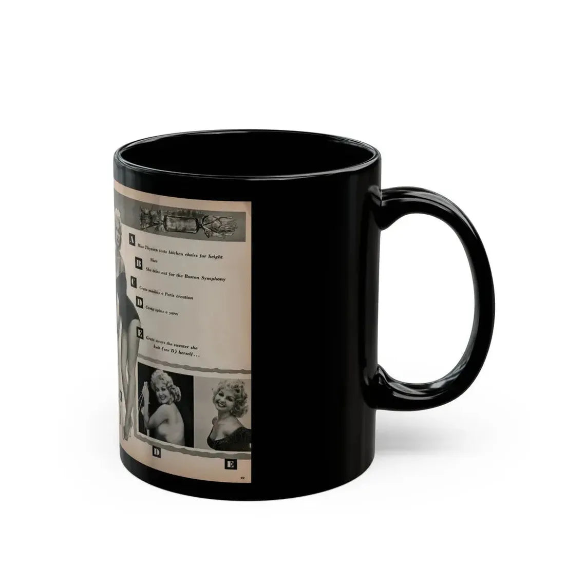 Greta Thyssen #142 - Pages 1 & 2 of 4 with 5 B&W Photos, Captions & Headlines from Jem Mag. June '58 (Vintage Female Icon) Black Coffee Mug - Go Mug Yourself