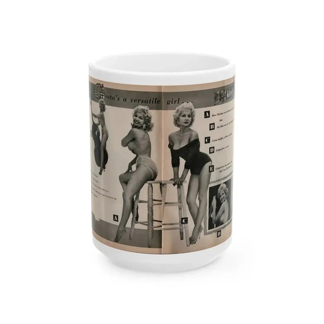 Greta Thyssen #142 - Pages 1 & 2 of 4 with 5 B&W Photos, Captions & Headlines from Jem Mag. June '58 (Vintage Female Icon) White Coffee Mug 15oz - Go Mug Yourself