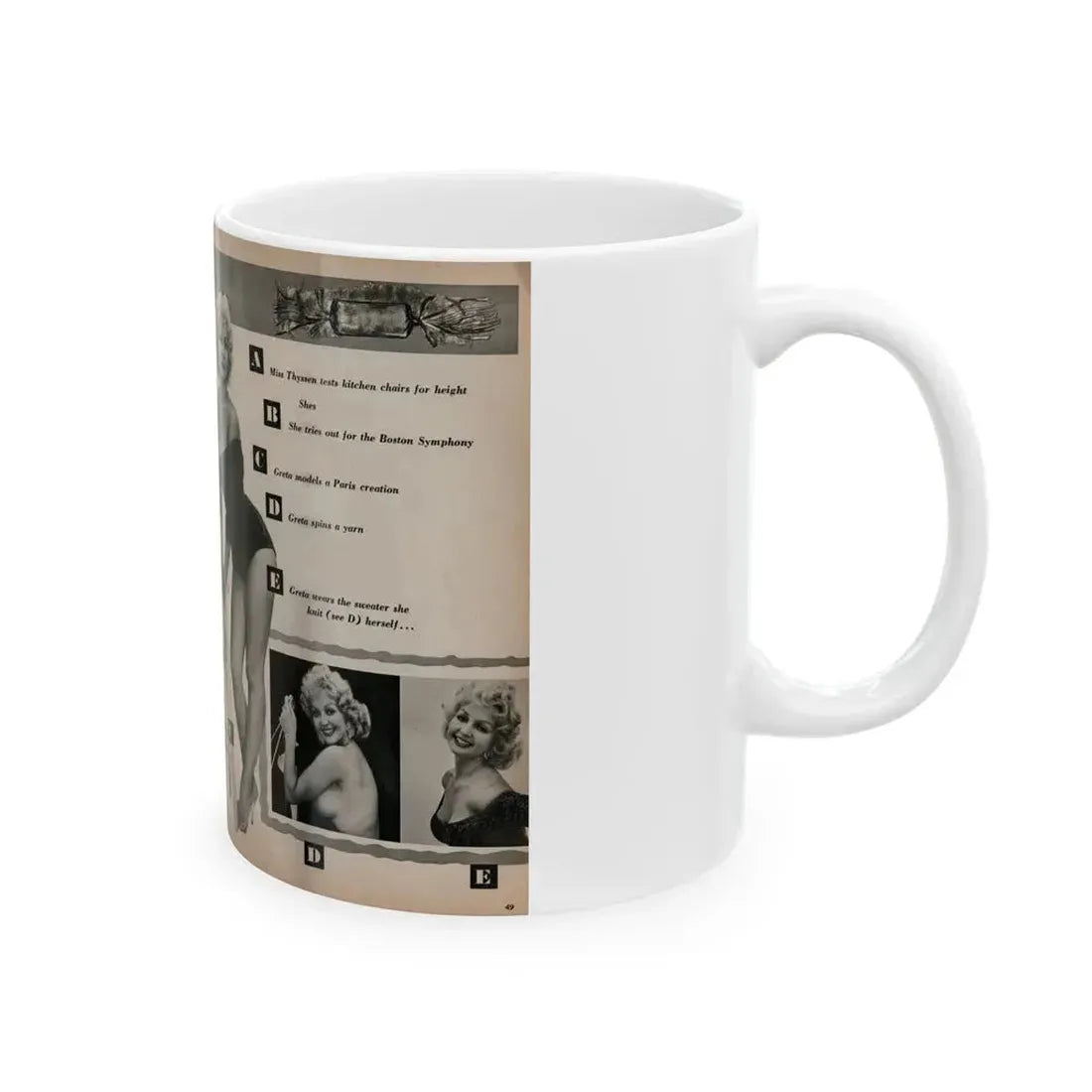 Greta Thyssen #142 - Pages 1 & 2 of 4 with 5 B&W Photos, Captions & Headlines from Jem Mag. June '58 (Vintage Female Icon) White Coffee Mug - Go Mug Yourself