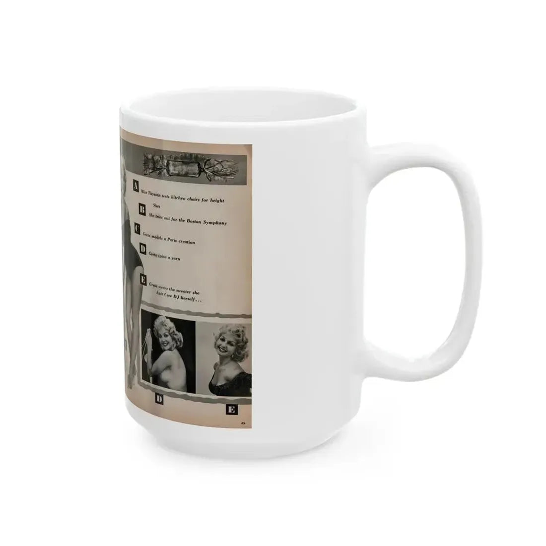Greta Thyssen #142 - Pages 1 & 2 of 4 with 5 B&W Photos, Captions & Headlines from Jem Mag. June '58 (Vintage Female Icon) White Coffee Mug - Go Mug Yourself