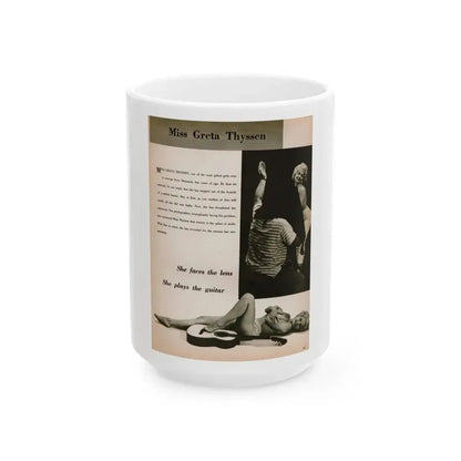Greta Thyssen #145 - 1 Pages & 2 B&W Photos, Captions & Short Paragraph from Jem Mag. June '58 (Vintage Female Icon) White Coffee Mug 15oz - Go Mug Yourself