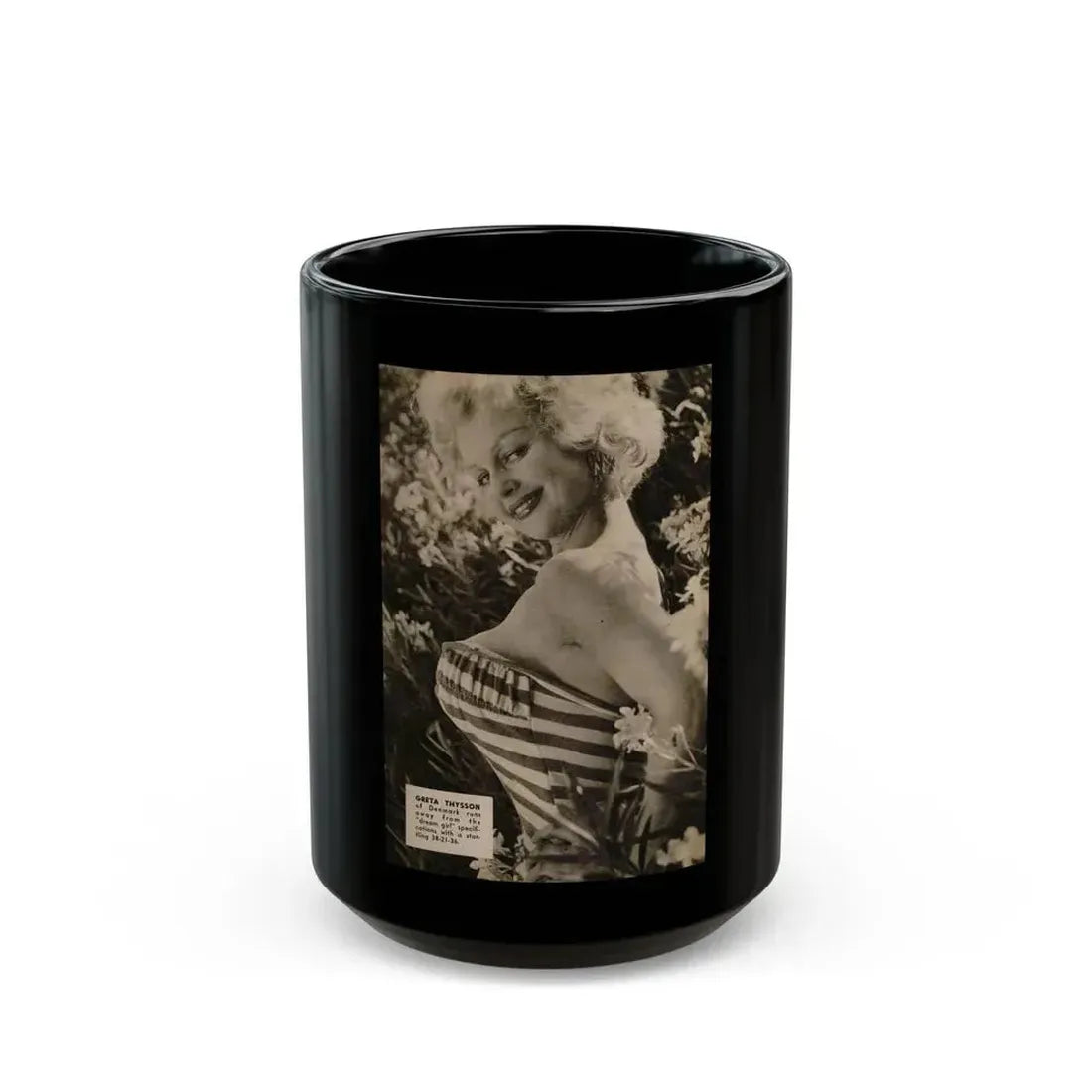 Greta Thyssen #146 - 1 Page, 1 B&W Photo & Caption from PIC Digest Mag. September '58 (Vintage Female Icon) Black Coffee Mug 15oz - Go Mug Yourself