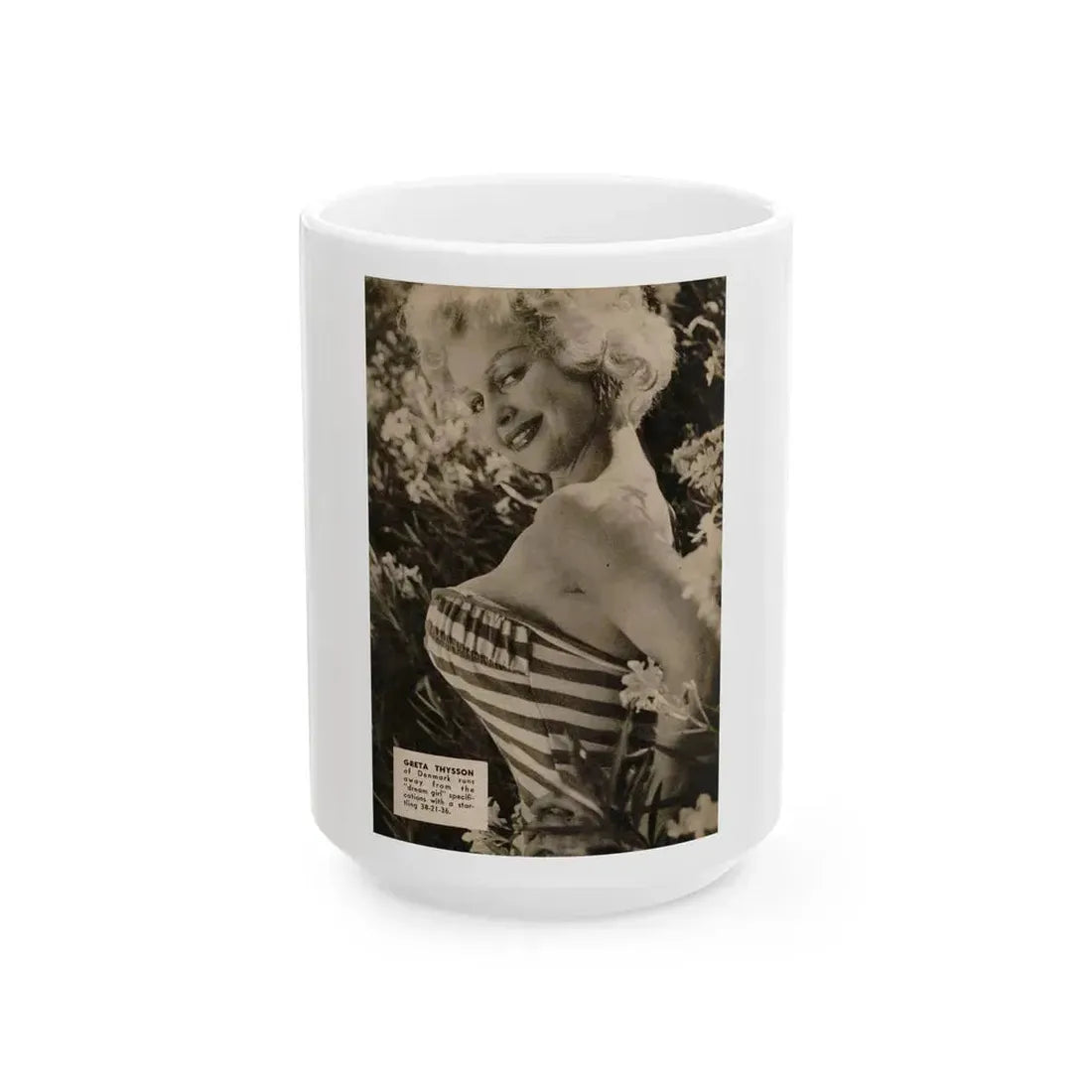 Greta Thyssen #146 - 1 Page, 1 B&W Photo & Caption from PIC Digest Mag. September '58 (Vintage Female Icon) White Coffee Mug 15oz - Go Mug Yourself