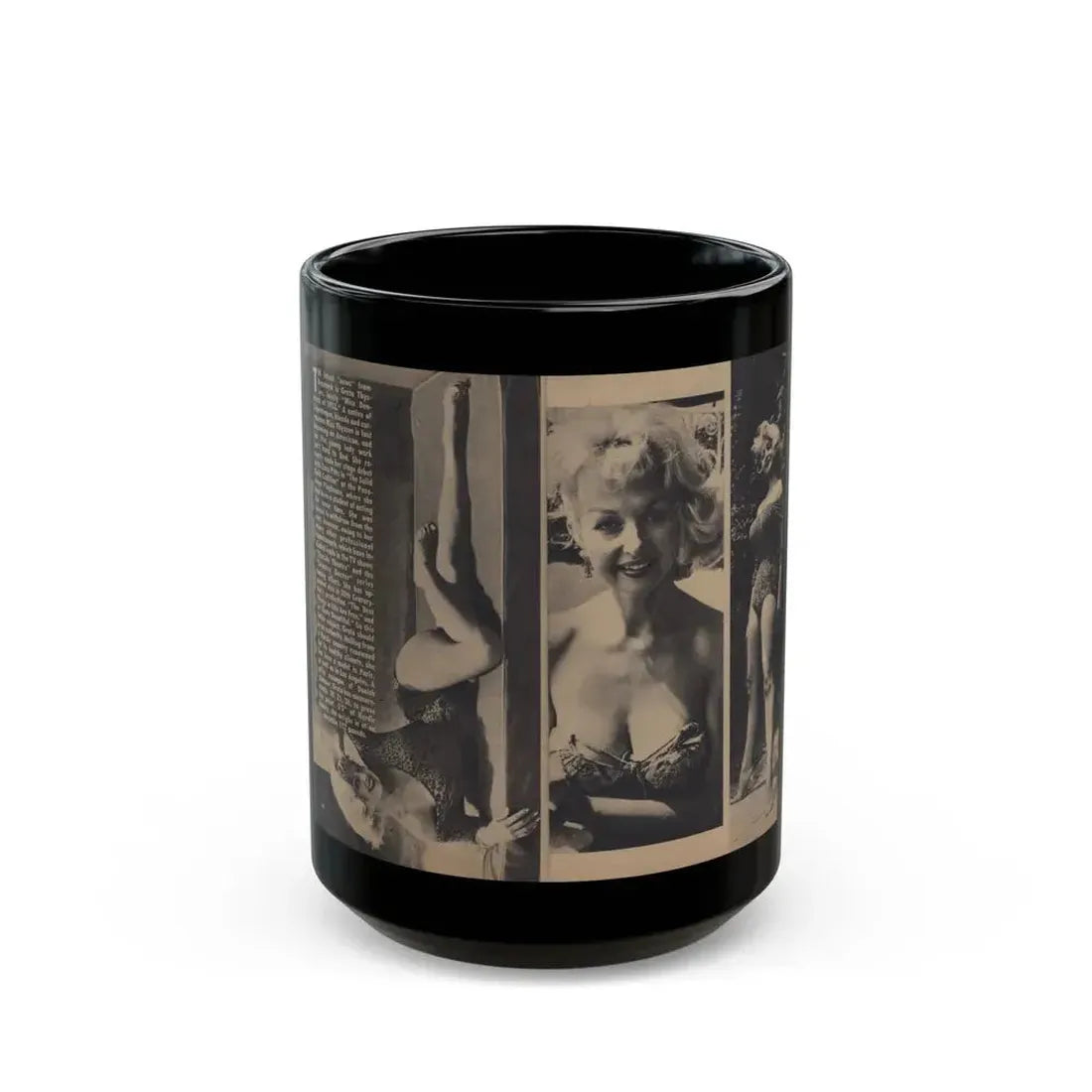 Greta Thyssen #157 - Pages 2 & 3 of 5 with, 3 B&W Photos & Article from Xcitement Digest Mag. June '57 (Vintage Female Icon) Black Coffee Mug 15oz - Go Mug Yourself