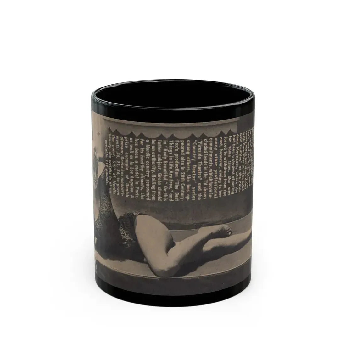 Greta Thyssen #158 - Pages 2 of 5 with, 1 B&W Full Page Centerfold with, Article from Xcitement Digest Mag. June '57 (Vintage Female Icon) Black Coffee Mug 11oz - Go Mug Yourself