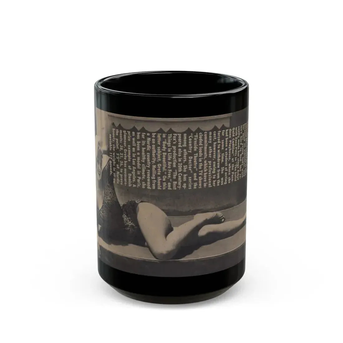 Greta Thyssen #158 - Pages 2 of 5 with, 1 B&W Full Page Centerfold with, Article from Xcitement Digest Mag. June '57 (Vintage Female Icon) Black Coffee Mug 15oz - Go Mug Yourself
