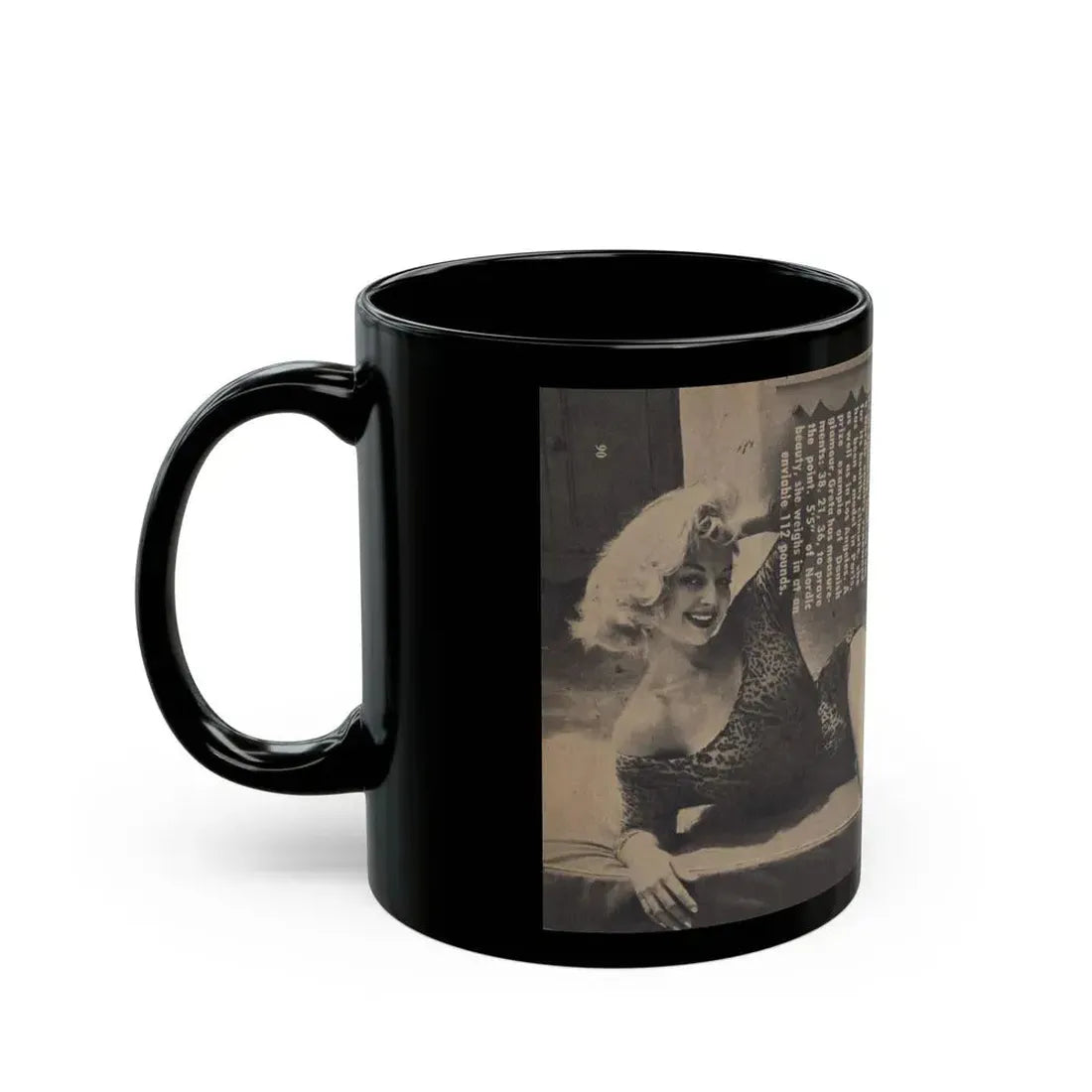 Greta Thyssen #158 - Pages 2 of 5 with, 1 B&W Full Page Centerfold with, Article from Xcitement Digest Mag. June '57 (Vintage Female Icon) Black Coffee Mug - Go Mug Yourself