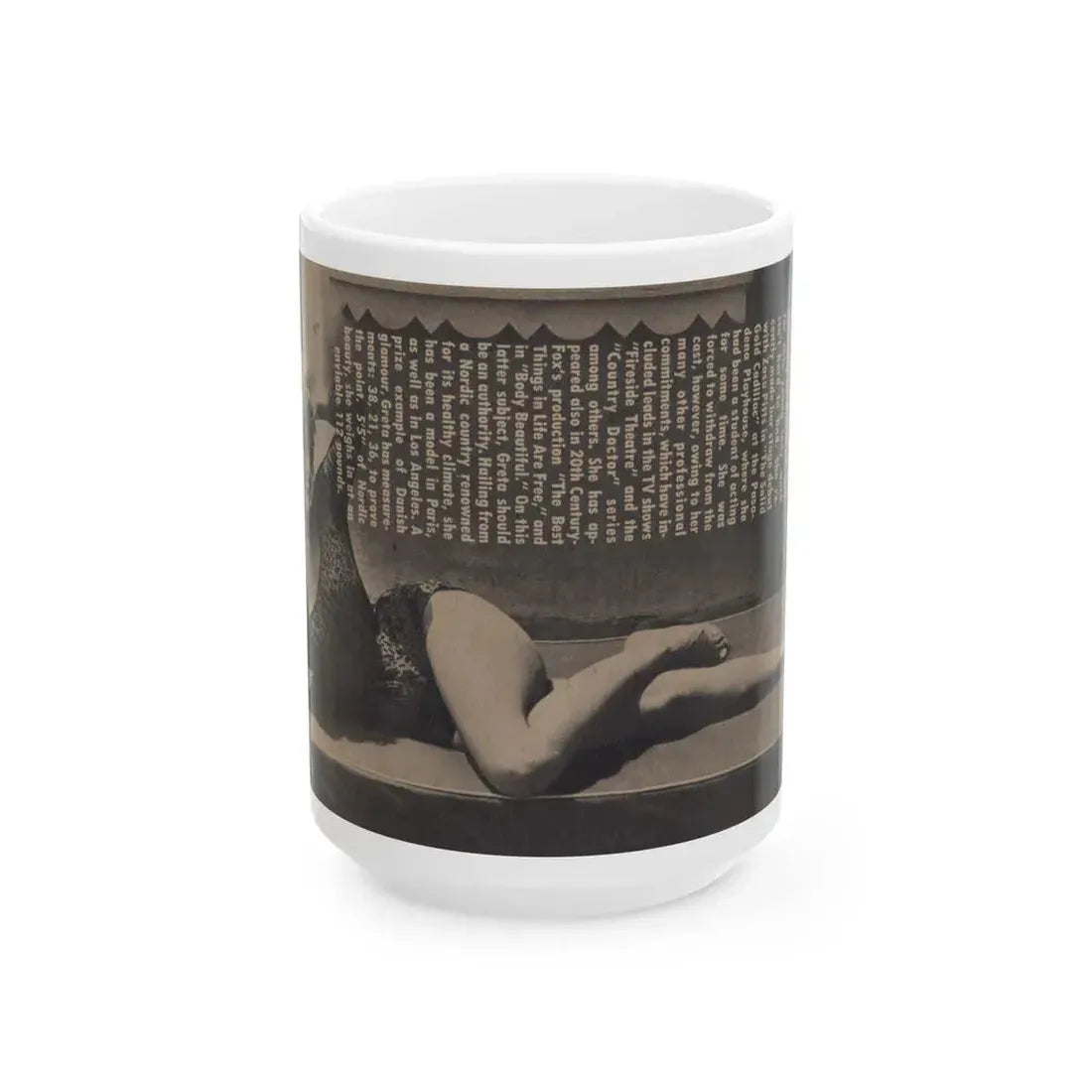 Greta Thyssen #158 - Pages 2 of 5 with, 1 B&W Full Page Centerfold with, Article from Xcitement Digest Mag. June '57 (Vintage Female Icon) White Coffee Mug 15oz - Go Mug Yourself
